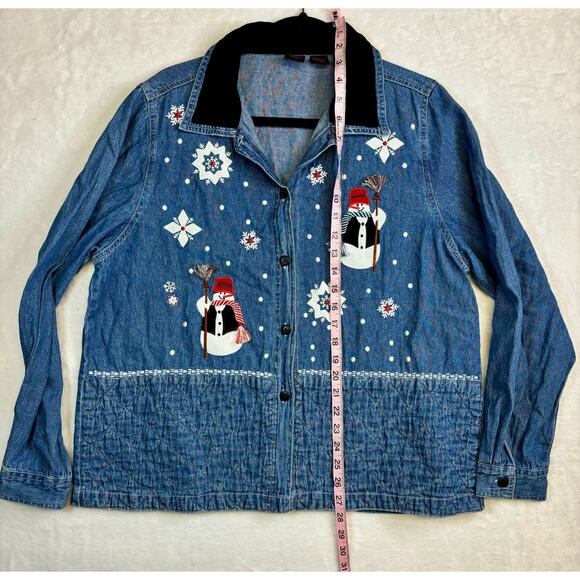 Vintage Blue Denim Snowman Shirt Shacket Embroidered Applique Large - Picture 4 of 6